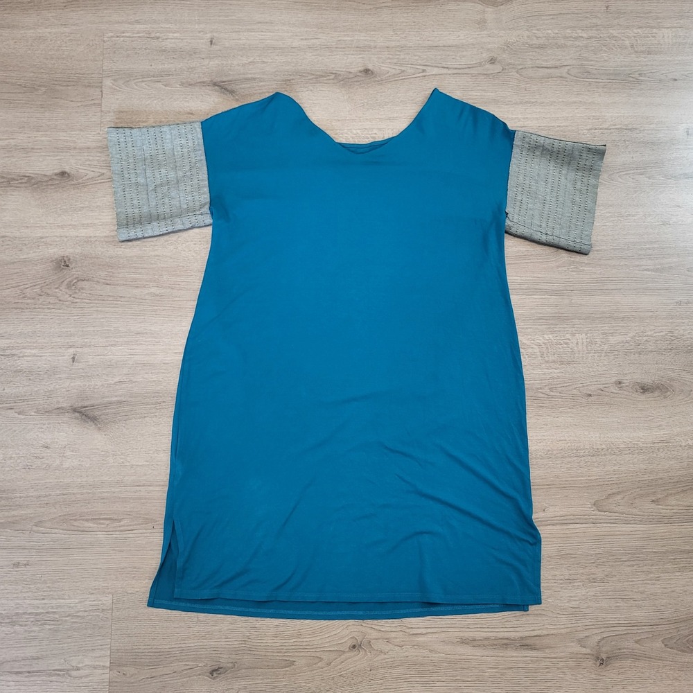 Eileen Fisher Teal Blue Knit‎ Embellished Trim Sleeve Tunic Dress size Medium